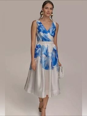 Donna Karan Blue and White Floral V-Neck Midi Dress